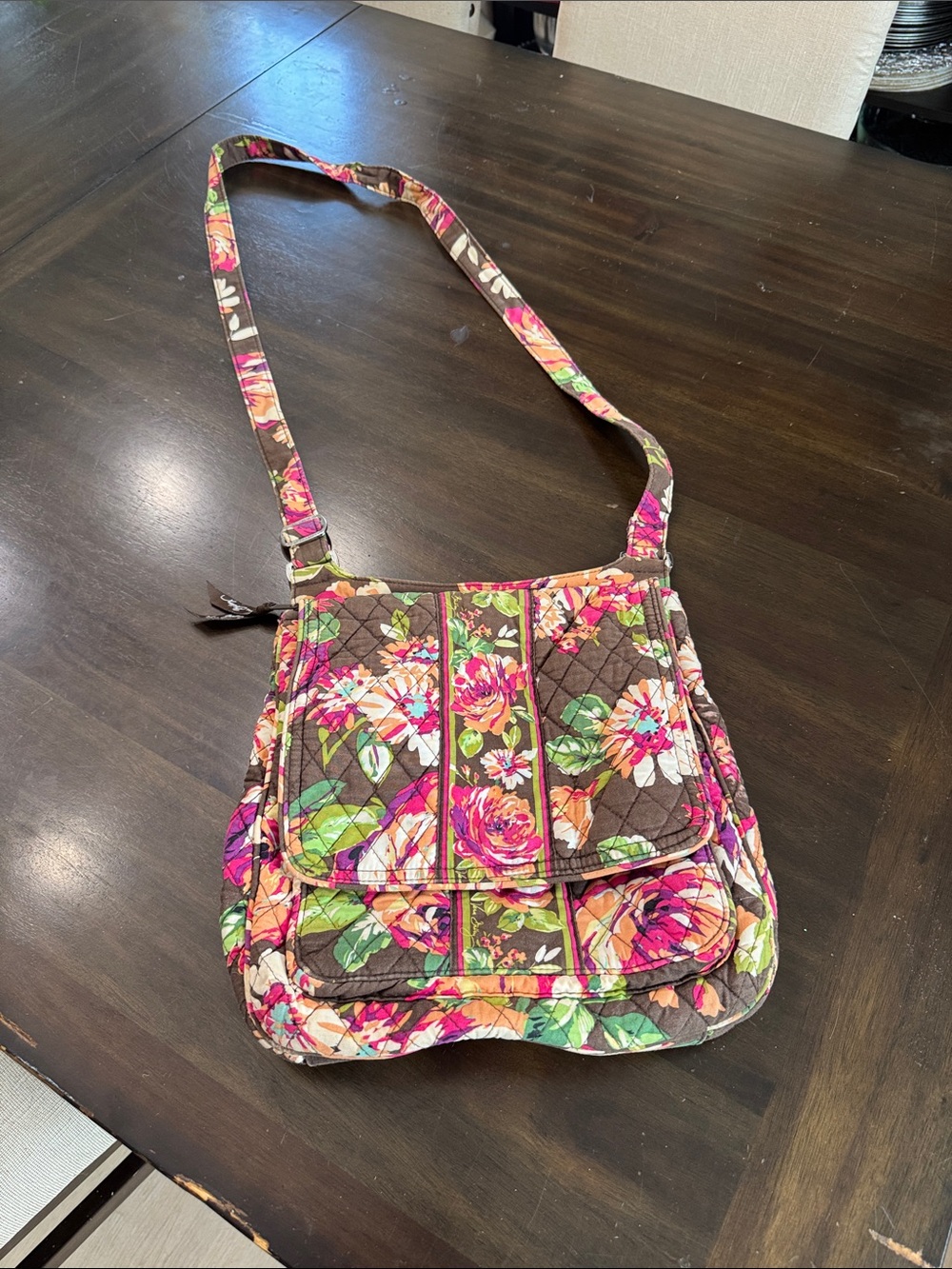 Vera Bradley Brown Floral Quilted Crossbody with Pink & Green Accents